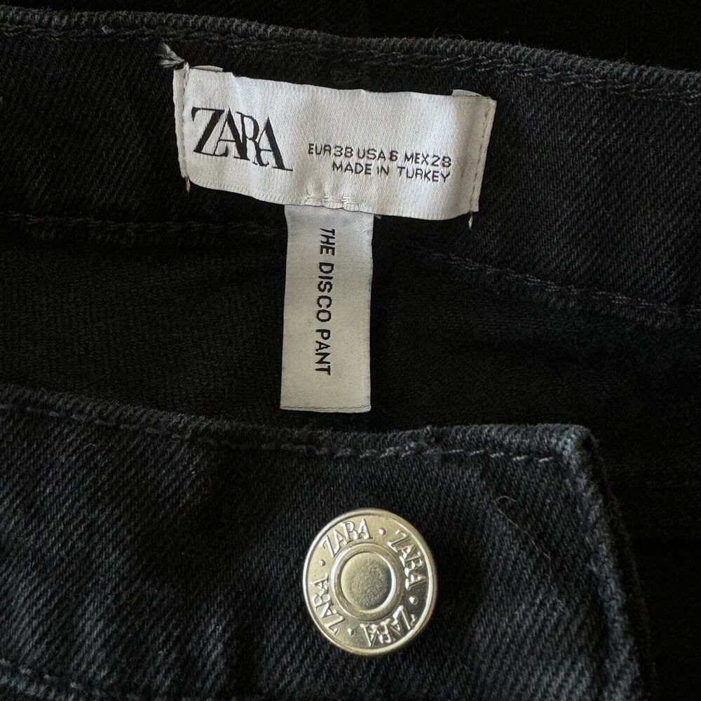 Zara SZ 6 The Disco Pant Jeans Mid-Rise Frayed Hems Zip-Fly Bootcut Black Womens - Picture 7 of 8